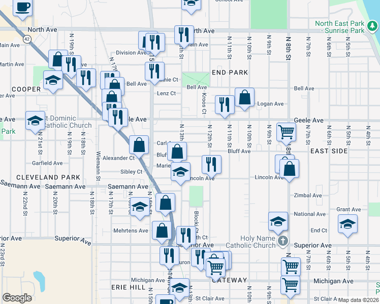map of restaurants, bars, coffee shops, grocery stores, and more near 1245 Trimberger Court in Sheboygan