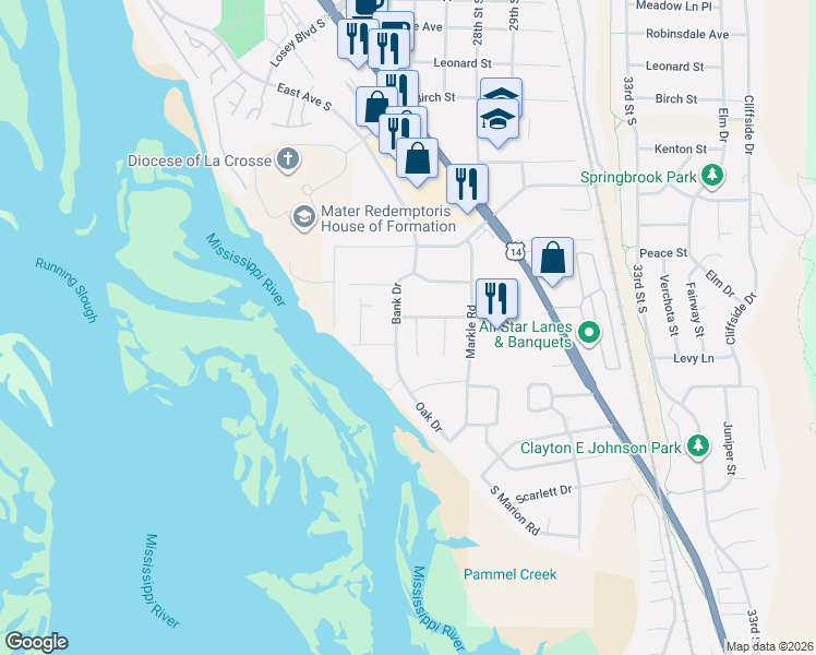 map of restaurants, bars, coffee shops, grocery stores, and more near 2613 Boschert Street in La Crosse