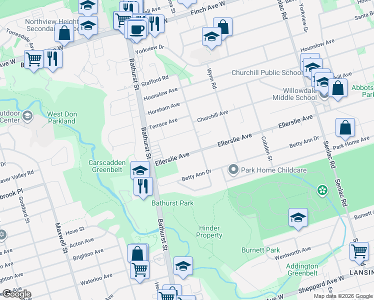 map of restaurants, bars, coffee shops, grocery stores, and more near 462 Ellerslie Avenue in Toronto
