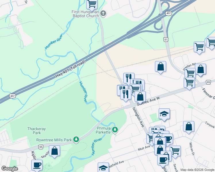 map of restaurants, bars, coffee shops, grocery stores, and more near 12 Dandara Gate in Vaughan