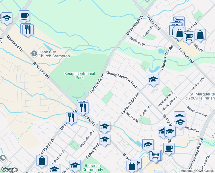 map of restaurants, bars, coffee shops, grocery stores, and more near 57 Quailvalley Drive in Brampton