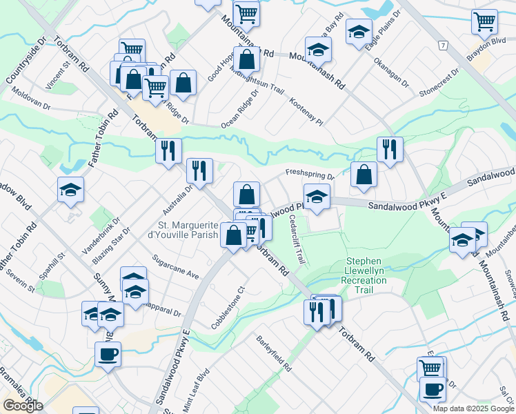 map of restaurants, bars, coffee shops, grocery stores, and more near Timbertop Crescent in Brampton