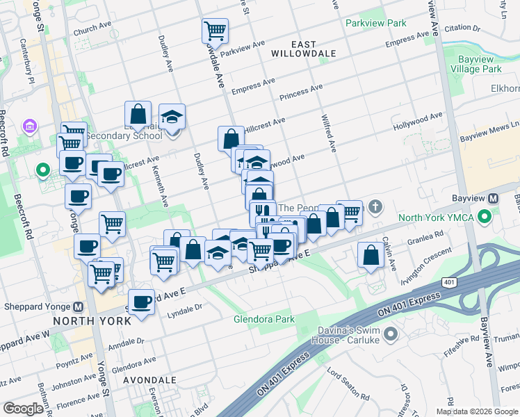 map of restaurants, bars, coffee shops, grocery stores, and more near Spring Garden Avenue in Toronto