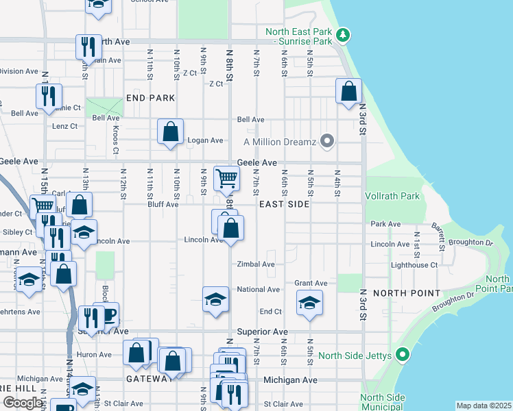 map of restaurants, bars, coffee shops, grocery stores, and more near North 7th Street in Sheboygan