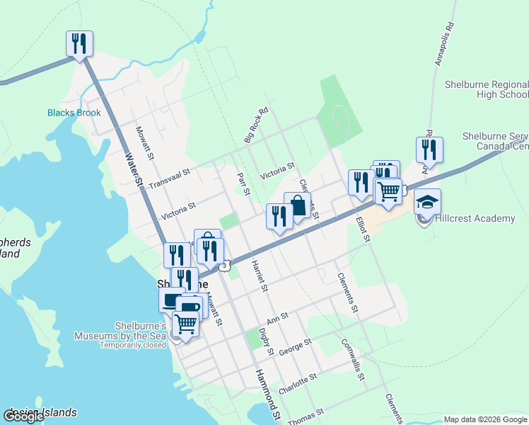 map of restaurants, bars, coffee shops, grocery stores, and more near 66 Bulkley Street in Shelburne