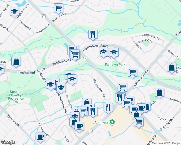 map of restaurants, bars, coffee shops, grocery stores, and more near in Brampton
