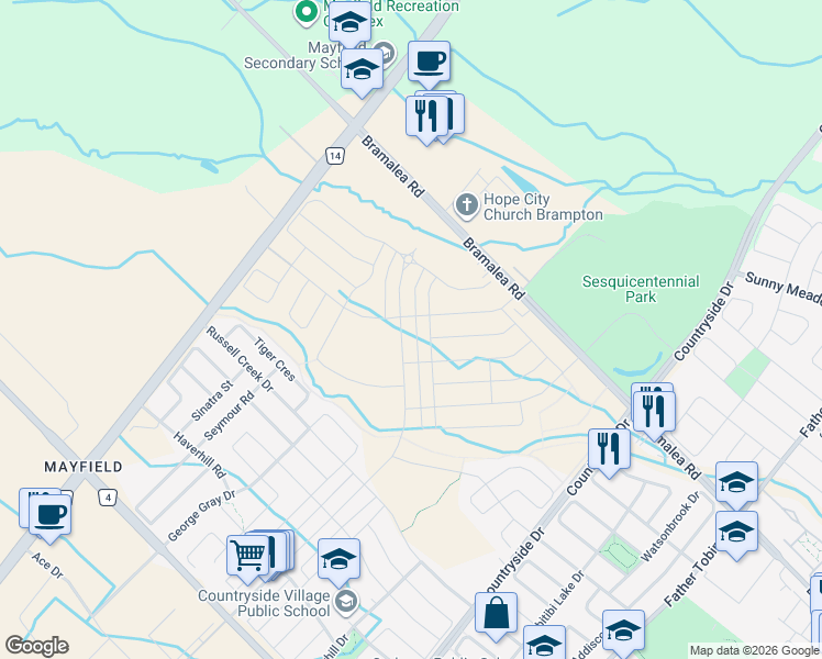 map of restaurants, bars, coffee shops, grocery stores, and more near 383 Inspire Boulevard in Brampton