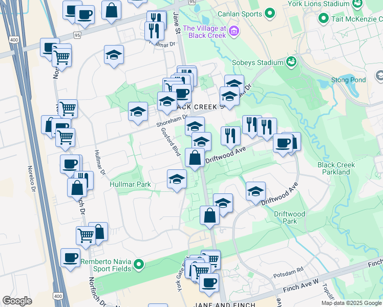 map of restaurants, bars, coffee shops, grocery stores, and more near 4500 Jane Street in Toronto