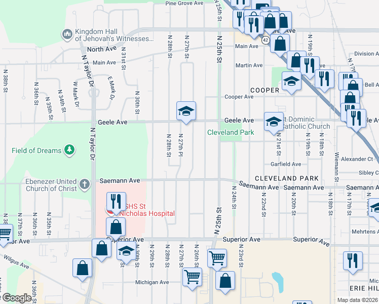 map of restaurants, bars, coffee shops, grocery stores, and more near 2019 North 27th Street in Sheboygan