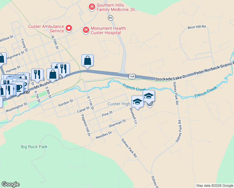 map of restaurants, bars, coffee shops, grocery stores, and more near 1223-1399 Canal Street in Custer