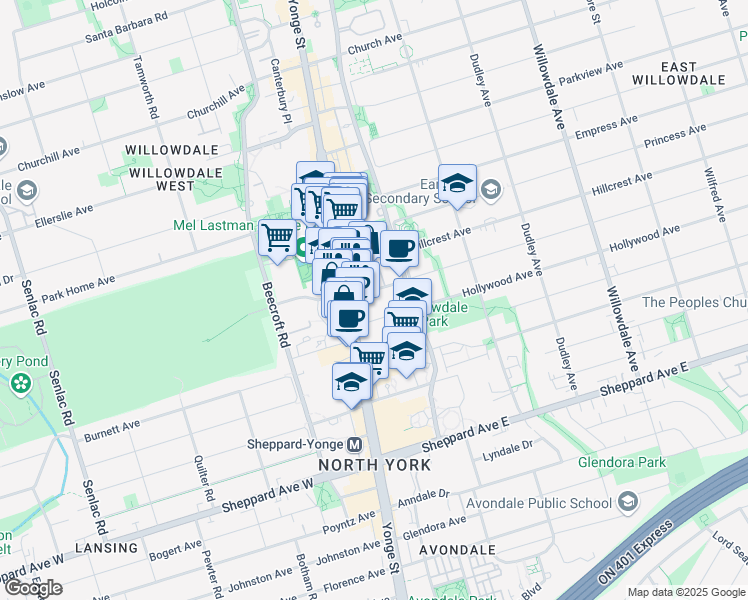 map of restaurants, bars, coffee shops, grocery stores, and more near 18 Hollywood Avenue in Toronto