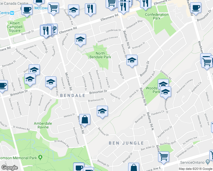 map of restaurants, bars, coffee shops, grocery stores, and more near 6 Faraday Drive in Toronto