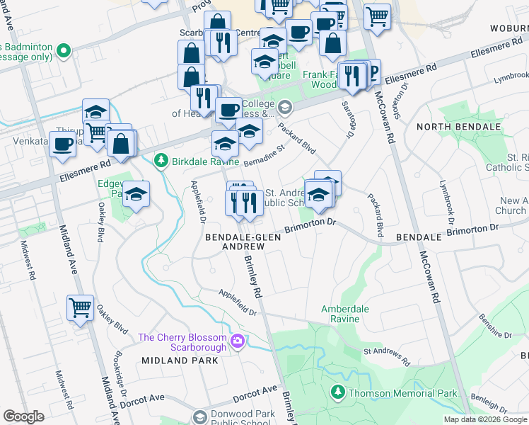 map of restaurants, bars, coffee shops, grocery stores, and more near in Toronto