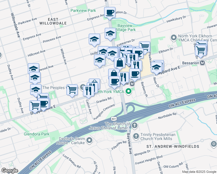 map of restaurants, bars, coffee shops, grocery stores, and more near in Toronto