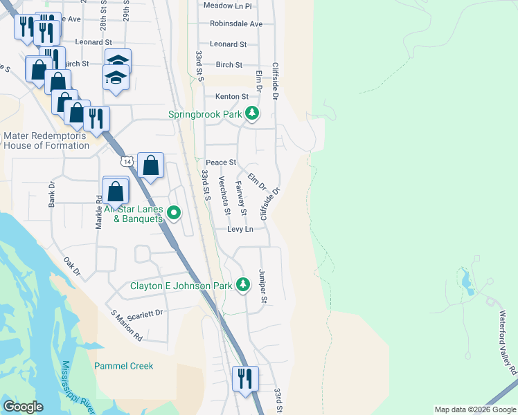 map of restaurants, bars, coffee shops, grocery stores, and more near 4200 Cliffside Drive in La Crosse