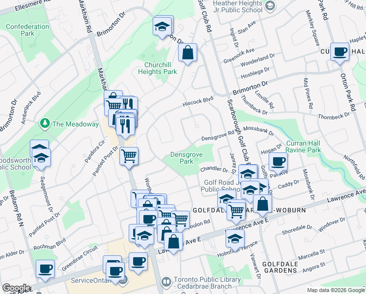map of restaurants, bars, coffee shops, grocery stores, and more near in Toronto