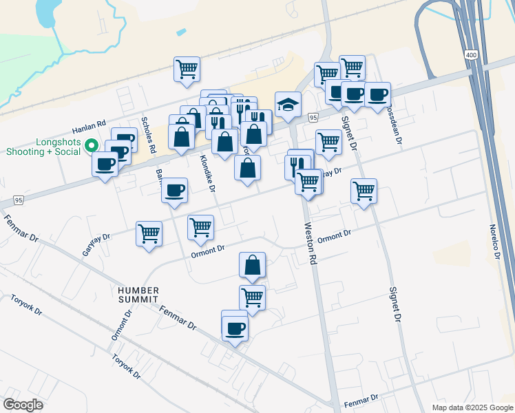 map of restaurants, bars, coffee shops, grocery stores, and more near 471 Garyray Drive in Toronto