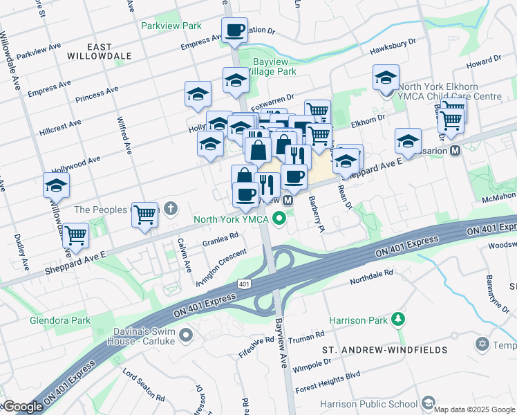 map of restaurants, bars, coffee shops, grocery stores, and more near Bayview Ave & Sheppard Ave E in Toronto