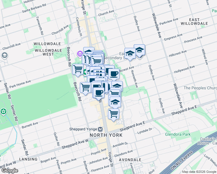 map of restaurants, bars, coffee shops, grocery stores, and more near 18 Hollywood Avenue in Toronto