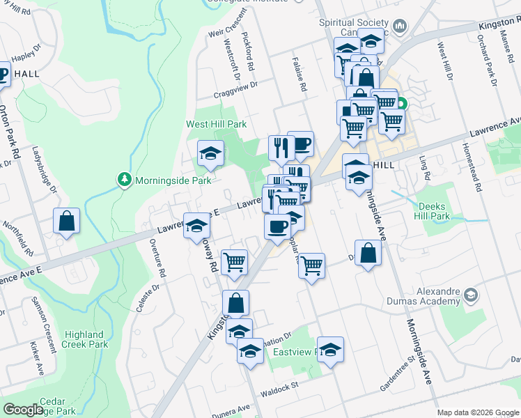 map of restaurants, bars, coffee shops, grocery stores, and more near 4125 Lawrence Avenue East in Toronto