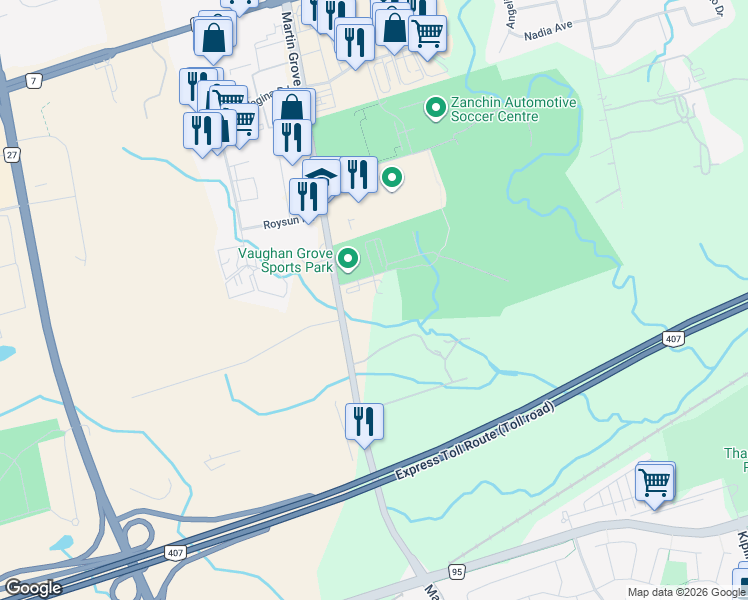 map of restaurants, bars, coffee shops, grocery stores, and more near 7373 Martin Grove Road in Vaughan