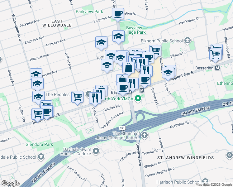 map of restaurants, bars, coffee shops, grocery stores, and more near 14 Espana Lane in Toronto