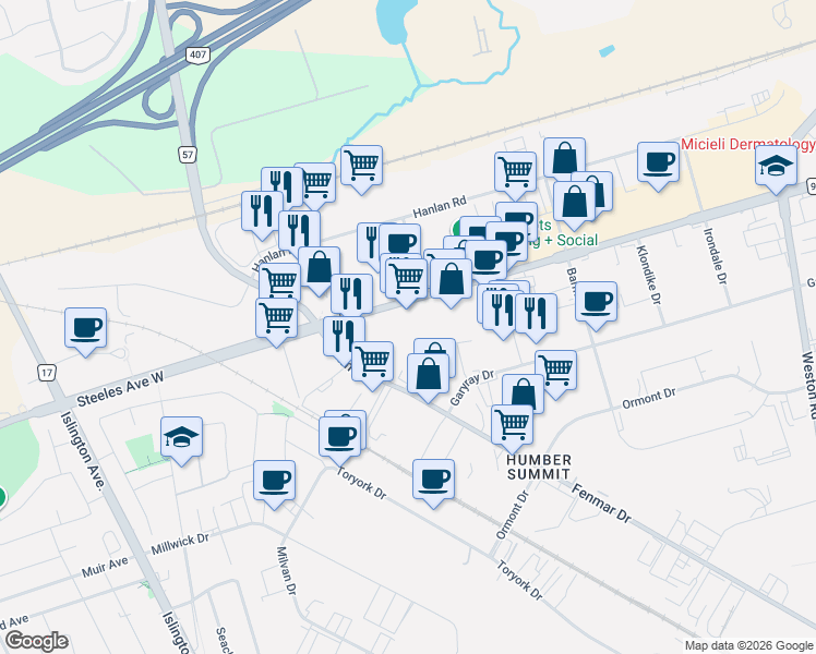 map of restaurants, bars, coffee shops, grocery stores, and more near 5601 Steeles Avenue West in Toronto