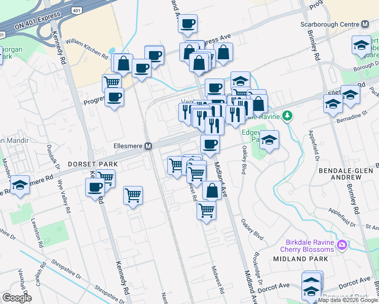 map of restaurants, bars, coffee shops, grocery stores, and more near 1075 Ellesmere Road in Toronto