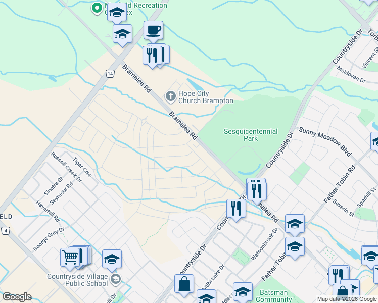 map of restaurants, bars, coffee shops, grocery stores, and more near 1 Icon Street in Brampton