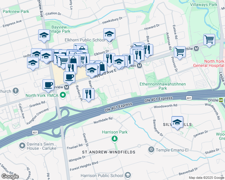 map of restaurants, bars, coffee shops, grocery stores, and more near 22 Greenbriar Road in Toronto