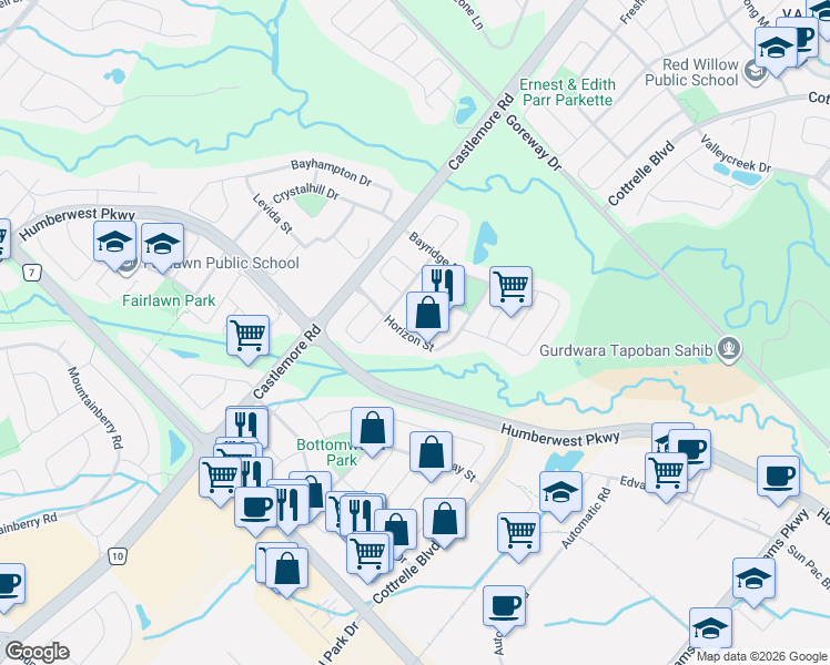 map of restaurants, bars, coffee shops, grocery stores, and more near 21 Horizon Street in Brampton