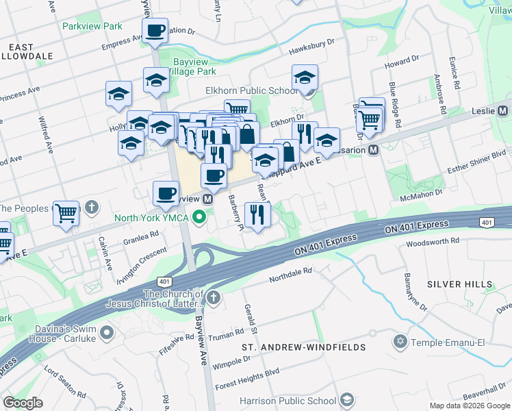 map of restaurants, bars, coffee shops, grocery stores, and more near 12 Rean Drive in Toronto