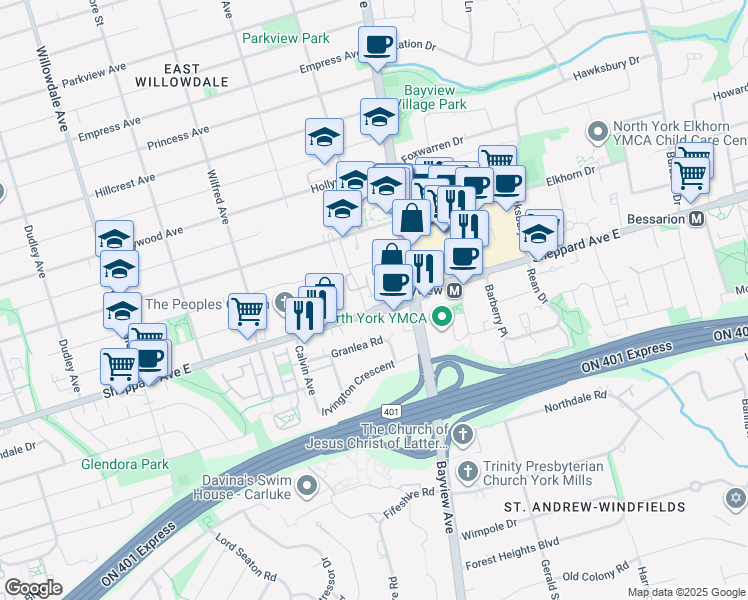 map of restaurants, bars, coffee shops, grocery stores, and more near 1 Clairtrell Road in Toronto