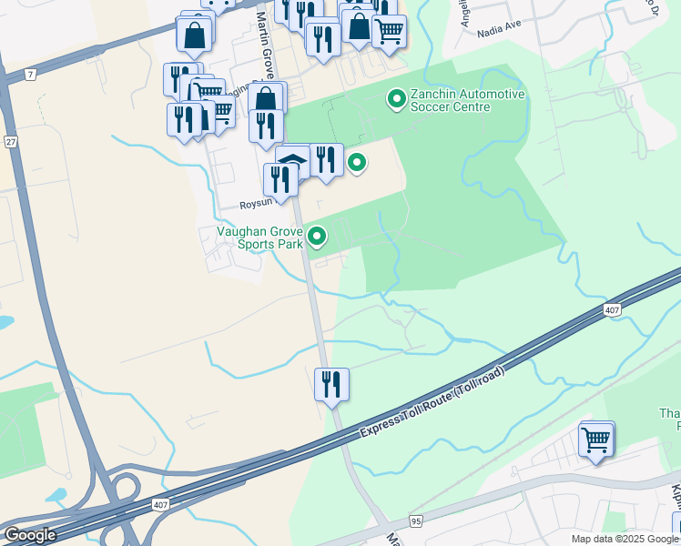 map of restaurants, bars, coffee shops, grocery stores, and more near 7365 Martin Grove Road in Vaughan