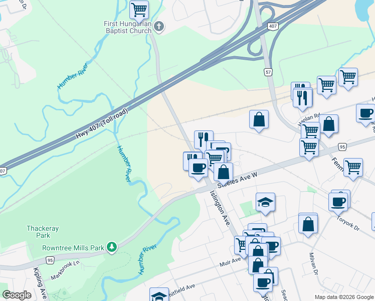 map of restaurants, bars, coffee shops, grocery stores, and more near 7082 Islington Avenue in Vaughan