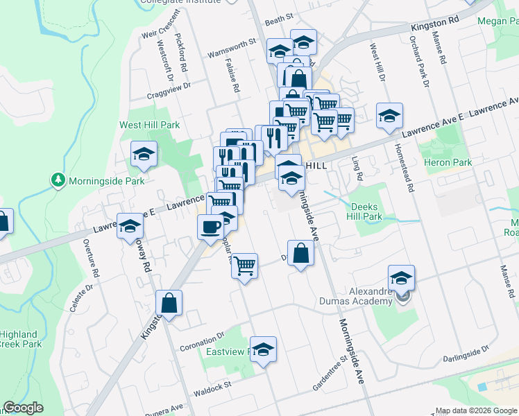 map of restaurants, bars, coffee shops, grocery stores, and more near 36 Marlena Drive in Toronto