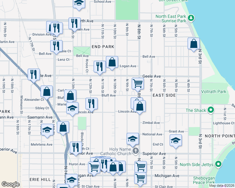 map of restaurants, bars, coffee shops, grocery stores, and more near 2013 North 10th Street in Sheboygan