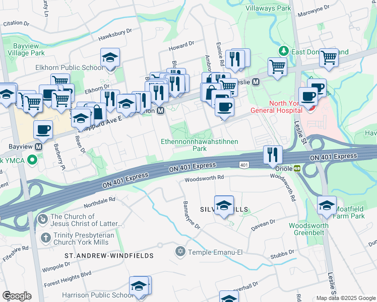 map of restaurants, bars, coffee shops, grocery stores, and more near McMahon Drive in Toronto