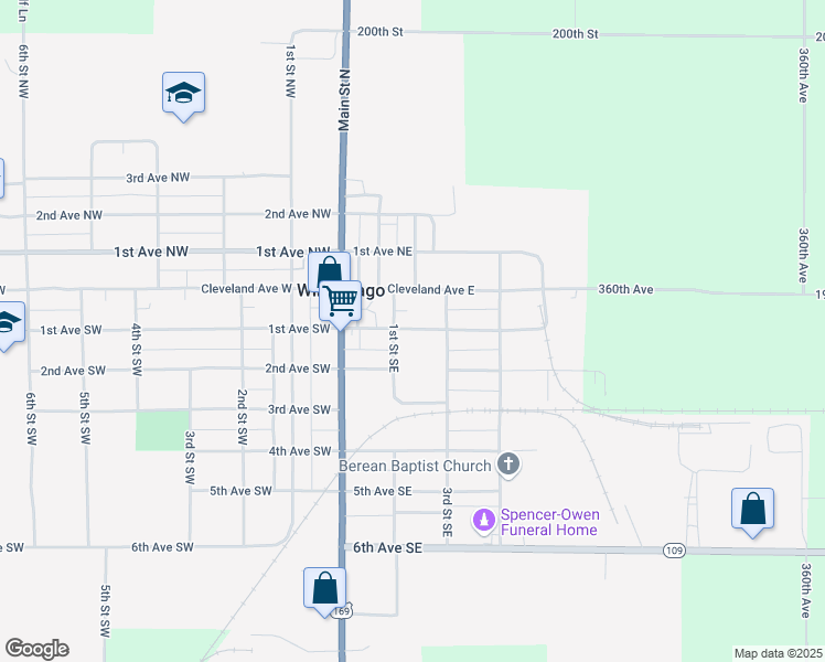 map of restaurants, bars, coffee shops, grocery stores, and more near 132 1st Avenue Southeast in Winnebago