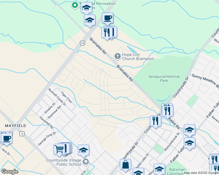 map of restaurants, bars, coffee shops, grocery stores, and more near 43 Grassbank Road in Brampton
