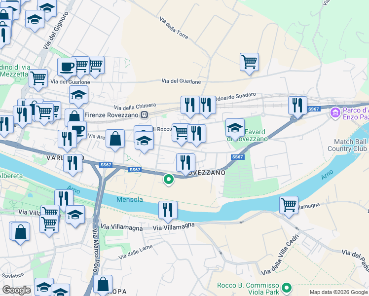 map of restaurants, bars, coffee shops, grocery stores, and more near 421 Via Aretina in Firenze