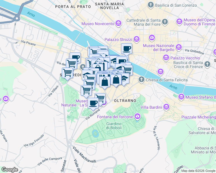 map of restaurants, bars, coffee shops, grocery stores, and more near 22 Piazza Santo Spirito in Firenze