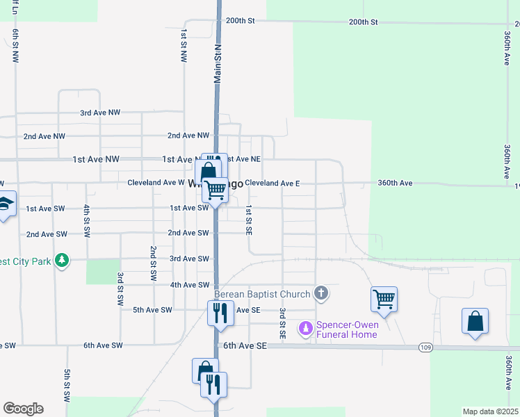 map of restaurants, bars, coffee shops, grocery stores, and more near 132 1st Avenue Southeast in Winnebago