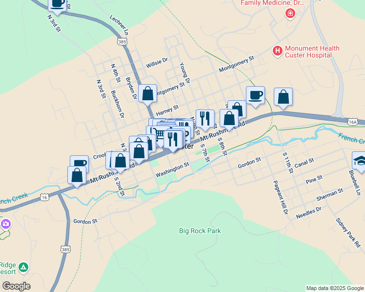 map of restaurants, bars, coffee shops, grocery stores, and more near in Custer