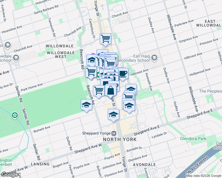 map of restaurants, bars, coffee shops, grocery stores, and more near 5840 Yonge Street in Toronto