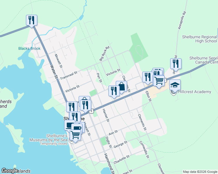 map of restaurants, bars, coffee shops, grocery stores, and more near 66 Bulkley Street in Shelburne