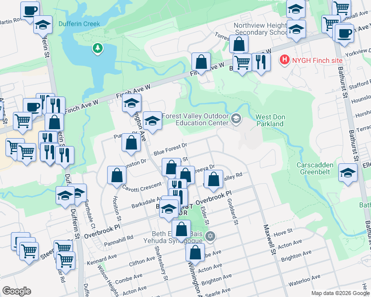 map of restaurants, bars, coffee shops, grocery stores, and more near 33 Blue Forest Drive in Toronto