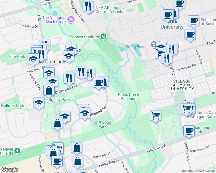 map of restaurants, bars, coffee shops, grocery stores, and more near 335 Driftwood Avenue in Toronto