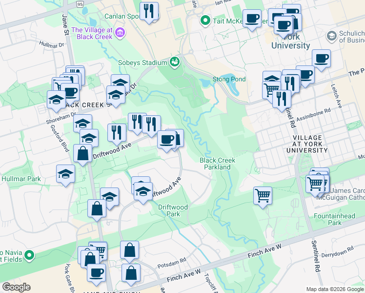 map of restaurants, bars, coffee shops, grocery stores, and more near in Toronto