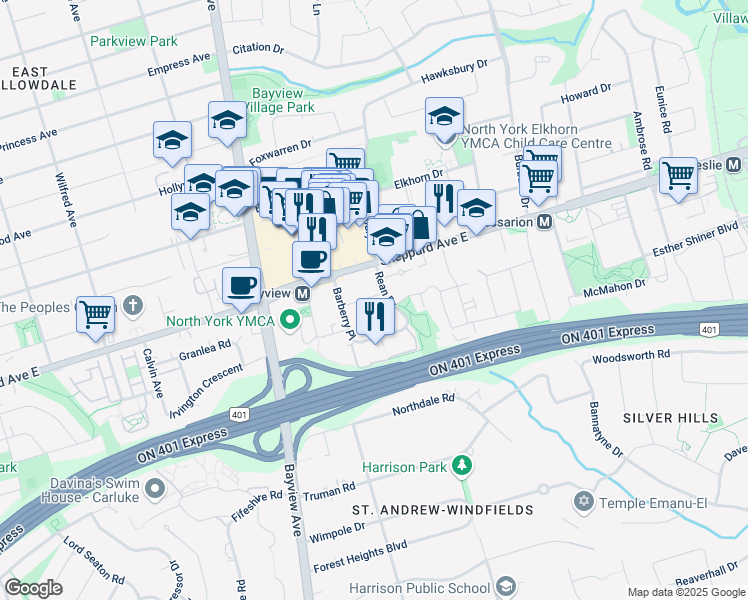 map of restaurants, bars, coffee shops, grocery stores, and more near 12 Rean Drive in Toronto